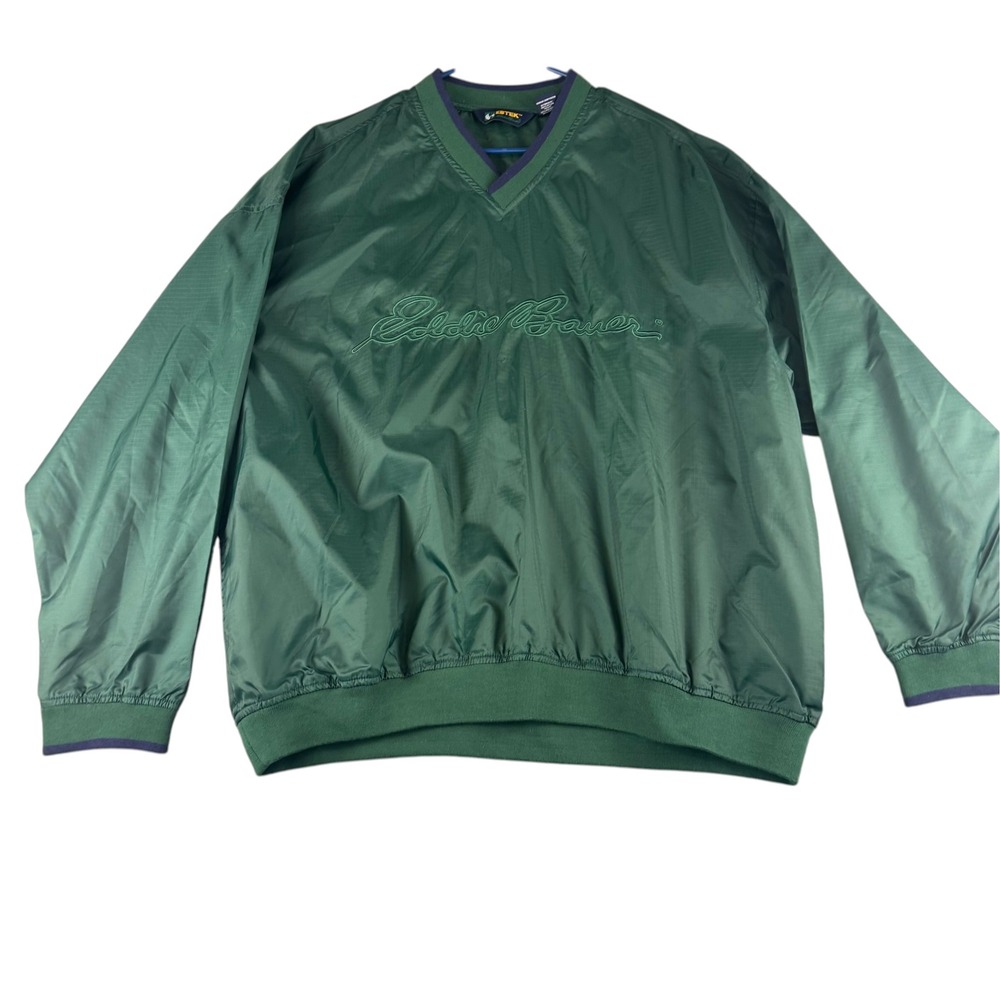 Vintage EBTEK Eddie Bauer Green Ripstop V-Neck Windbreaker Pullover Mens Large